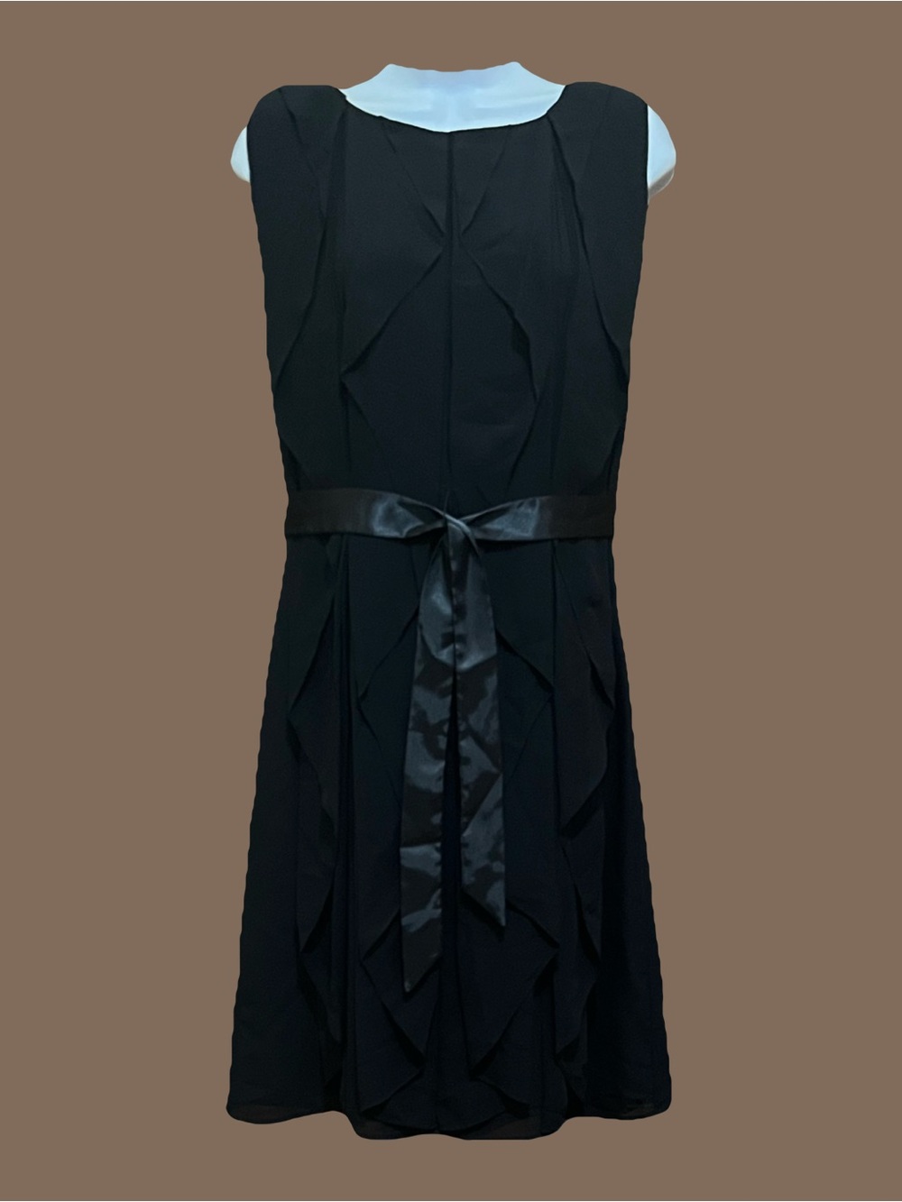 Calvin Klein Black Sleeveless Pleated Mini Dress with Satin Waist Tie